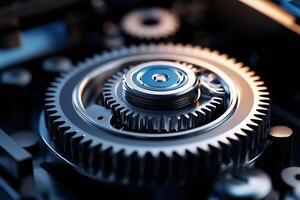 Close up view of interlocking gears rotating smoothly in complex mechanism photo