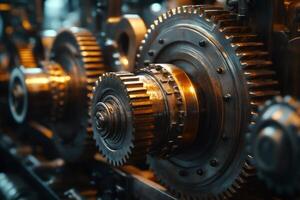 Close up of interlocking gears rotating in complex machinery photo