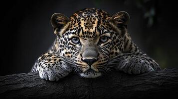 Leopard resting on a branch with intense gaze photo