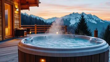 Steaming hot tub overlooking scenic mountain view at sunset photo