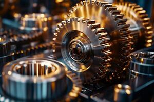 Close up of interlocking gears rotating smoothly in complex machinery photo