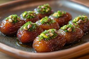 Medjool dates stuffed with pistachios and herbs, creating a gourmet delight photo
