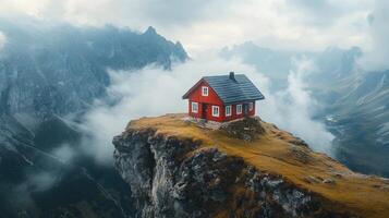 Red wooden house standing on a cliff edge in the mountains with dramatic cloudscape photo