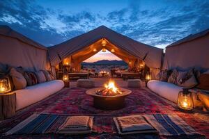 Luxurious desert camping experience with bonfire and comfortable seating under canvas tent photo