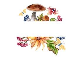 Autumn border of flowers, mushrooms with viburnum berries, rowan and bolete in watercolor isolated. Woodland plants with butterflies colorful fall frame hand drawn in botanical sketch for greeting. vector