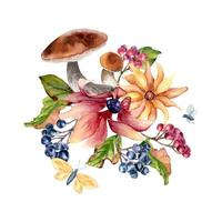 Autumn flowers rudbeckia with viburnum berries, rowan and aspen mushrooms watercolor composition isolated. Woodland plants colorful fall arrangement hand drawn in botanical sketch for nature design vector