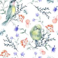 Tiny birds in green yellow colors and floral elements watercolor seamless pattern isolated. Pink butterflies, cute birdies and simple flowers in botanical sketch on repeated background for textile vector