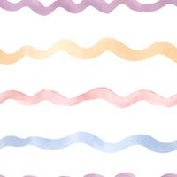 Wavy lines in a gradient of soft colors in watercolor seamless pattern isolated. Lines painted in shades of peach, pink, blue, and lavender for creating marine background. Rippled horizontal texture. vector