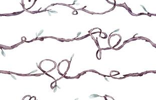 Seamless border of branches with form hearts in watercolor isolated. Curvy twig liana with simple green leaves on repeating pattern hand drawn. Elements for natural designs, Valentine day, wedding. vector
