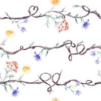 Horizontal seamless tree branches with floral elements watercolor pattern isolated. Twigs on repeated background with delicate blue red flowers hand drawn. Nature wallpaper with simple botanical art vector