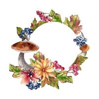 Forest circle frame with yellow flowers and maple red leaves, berries in watercolor isolated. Autumn wreath with ceps, black chokeberry and wild flora hand drawn. Fall floral foliage botanical sketch vector