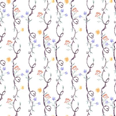 Seamless branches, flowers and hearts by watercolor pattern isolated. Vertical tree repeating background with delicate orange blue hand drawn flowers. Nature wallpaper with botanical plant elements