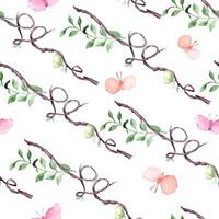 Watercolor seamless pattern of delicate branches, green leaves, and pastel butterflies isolated. Tree of hearts shape on repeating texture for textile design, wallpapers and spring-themed paper vector