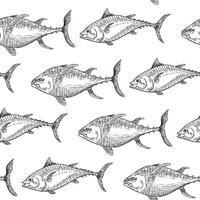 Tuna fish black white seamless pattern. Sea fish monochrome sketch hand drawn repeated texture. Yellowfin tuna engraving ink background. Kingfish graphic for design textile, wrapping paper. vector