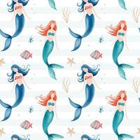 Seamless pattern with watercolor mermaids. Underwater characters background. Hand drawn undersea childish texture. vector