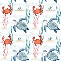 Seamless pattern with watercolor turtle and crab. Hand drawn marine animals pattern. Underwater characters. vector