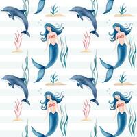 Seamless pattern with watercolor mermaid and dolphin. Hand drawn marine animals pattern. Underwater characters. vector
