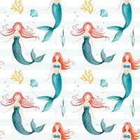 Seamless pattern with watercolor mermaid. Underwater characters background. Hand drawn undersea childish texture. vector