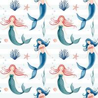 Seamless pattern with watercolor mermaid. Hand drawn undersea childish texture. Underwater characters background. vector