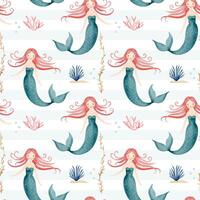Seamless pattern with watercolor mermaids. Hand drawn undersea childish texture. Underwater characters. Marine animals background vector