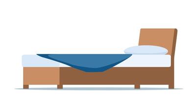 Wooden bed for one person with a pillow and a blanket in a flat style. illustration. vector