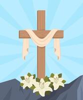 Happy Easter. Cross of Jesus Christ, lily flowers against the background of the mountain. Christian card template. He has risen. vector