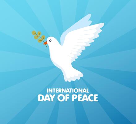 International Day of peace. Concept with dove of peace, olive branch and text. Flying bird with an olive branch in beak. Peace and love, freedom, no war concept. illustration.