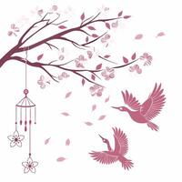 a pink bird and a wind chime flying over a tree with flowers vector