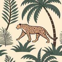 a leopard walking through the jungle with palm trees vector