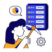 Db rack with pickaxe, icon of server mining vector