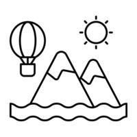 A unique design icon of mountains with hot air balloon showcasing hills station vector