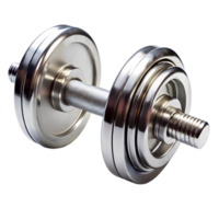 Closeup of a shiny chrome dumbbell isolated on transparent background with knurled handle and multiple weight plates png