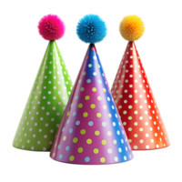 Three colorful party hats with isolated on transparent background fluffy tops and polka dots png