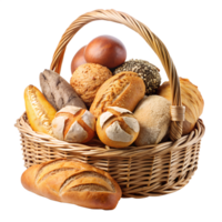 A wicker basket overflowing with a delightful assortment isolated on transparent background of freshly baked bread loaves rolls and buns png