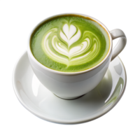 Aromatic Matcha Latte with Exquisite Latte Art in a White Cup and Saucer png