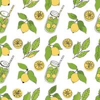 Refreshing Homemade Lemonade Jars Pattern with Lemon Slices and Leaves vector