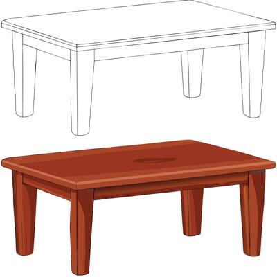 A Detailed of a Simple Wooden Table in Two Views Line Art and Color Rendering