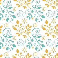 Seamless pattern with teal and gold floral design elements on white background featuring swirling vines leaves and decorative circles vector