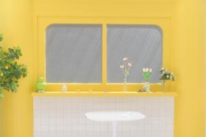 bright yellow interior featuring window, plants, and decorative vases. cheerful atmosphere is enhanced by natural light streaming in photo