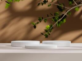 Three white podiums, each with a smooth, modern design, set against a warm, neutral background with subtle maple leaf shadows. photo