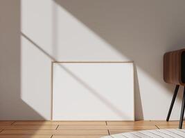 A light wooden frame positioned on a wooden floor, surrounded by soft shadows, ideal for displaying art or personal memories in a cozy environment. photo