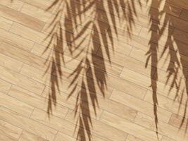 Soft shadow of palm leaf on a wooden floor, highlighting natural textures and patterns. photo