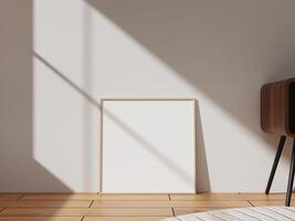 A light wooden frame positioned in a sunlit room, casting soft shadows, perfect for displaying cherished memories or artistic prints. photo