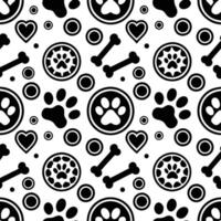 Adorable Black and White Dog Paw Print Pattern with Bones and Hearts vector
