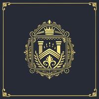 Elegant Golden Crest Design with Royal Crown Pillars Flourishes and Ornate Frame vector