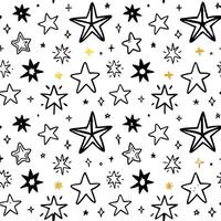 A delightful pattern of hand drawn stars in black and gold on a white background vector