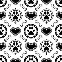 Adorable Black and White Dog Paw Print Seamless Pattern with Hearts and Bones vector