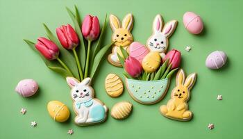 A greeting card featuring tulips and Easter bunny cookies set against a green backdrop. photo