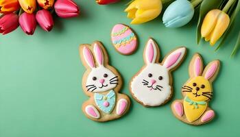 An Easter-themed greeting card with tulips and bunny-shaped cookies, highlighted by a green background. photo