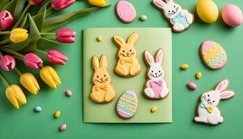 A festive greeting card that combines tulips and Easter bunny cookies, all framed by a green background. photo